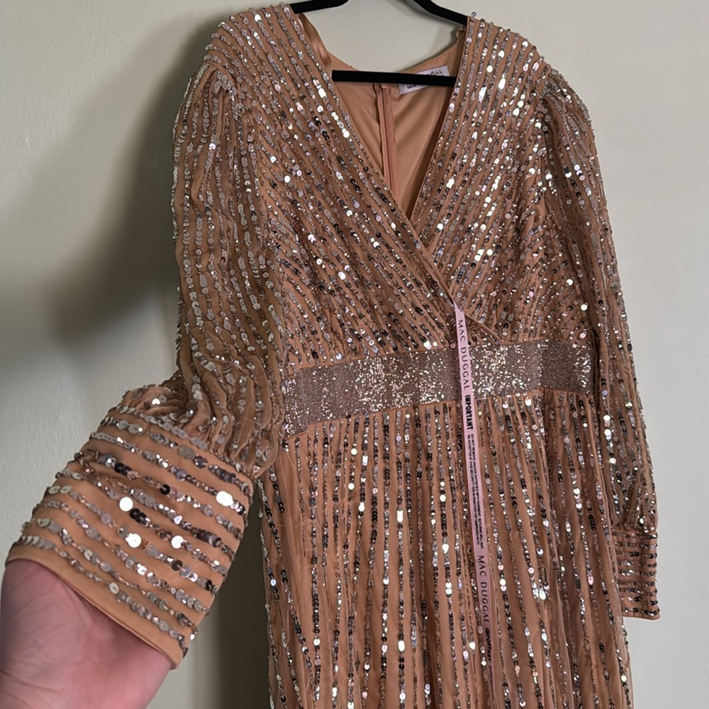 MAC DUGGAL 22 Beige Sequined Wrap Over Bishop Sleeve Gown - Picture 12 of 14